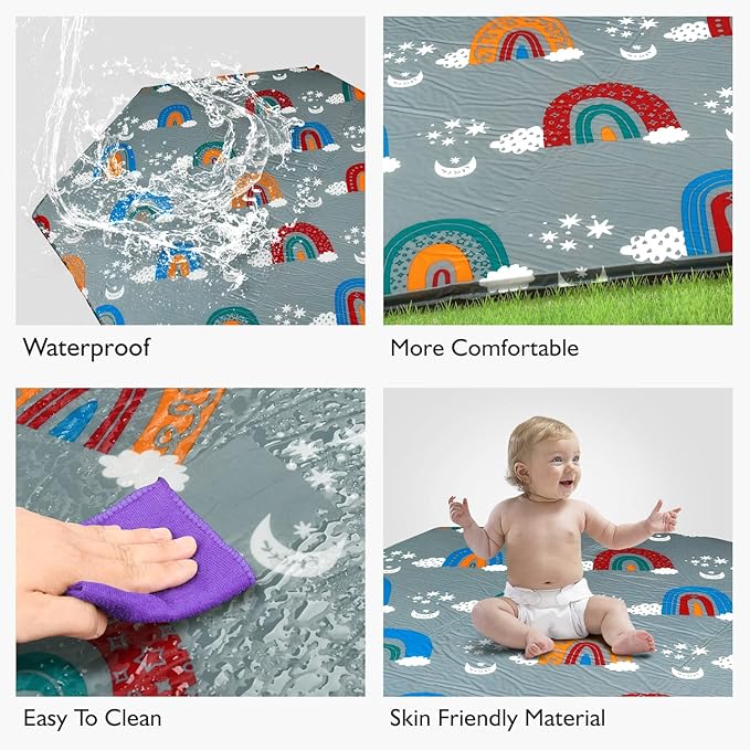 Hexagon Playpen Mat, Compatible with Regalo Play Yard and hiccapop PlayPod Portable Playpen, Self Inflatable Mattress Pad, Portable and Comfortable Play Yard Mat with Carry Case - Rainbow