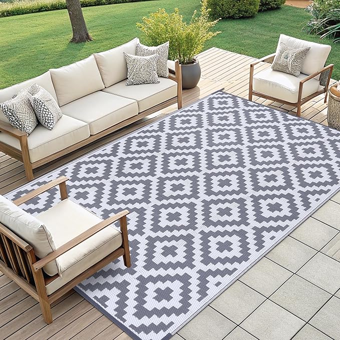Smiry Waterproof Outdoor Rug 9x12 ft, Reversible Plastic Straw Patio Camping Rugs, Outdoor Indoor RV Mat Carpet for Patio, Outside Entry, Backyard, Deck, Bench, Picnic, Camper, White & Grey
