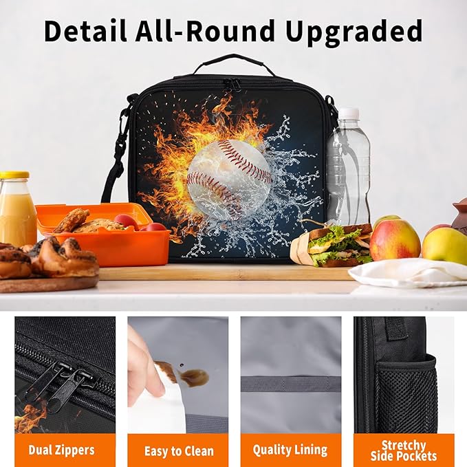 Fire Ice Baseball Pattern Lunch Bag Fire Sport Baseball Lunch Boxes for Women/Man Office Work Travel School Work Picnic Durable Reusable Insulated Large Lunch Tote Bag with Adjustable Shoulder Strap