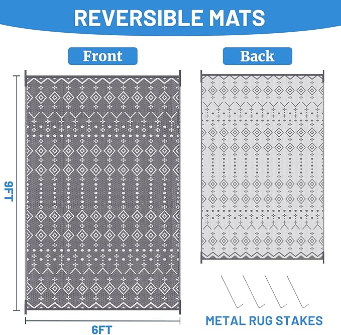 StepRite 6’ x 9’ Reversible Outdoor Rug, Waterproof Plastic Straw Rug, Patio Rug, Large Modern Area Rug Carpet, Indoor Outdoor Rugs for Camping, Porch, Deck, Balcony, Backyard, RV, Picnic(Grey)