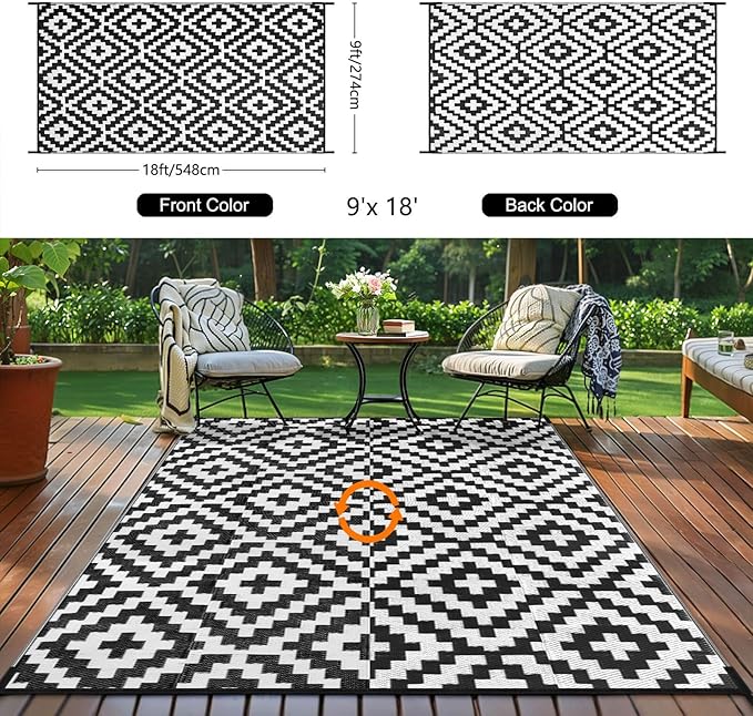 Outdoor Patio Plastic Straw Rug - 9'x18' Outdoor Camping Rug Waterproof Reversible, Area Carpet Patios Clearance RV, Outside Porch Balcony Deck for Camper, Black & White