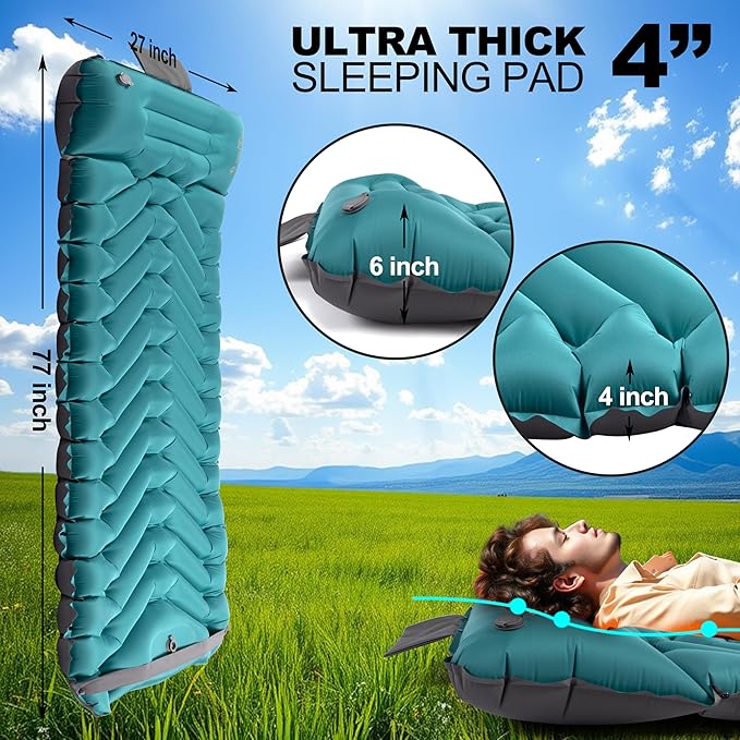 Double Sleeping Pad with Pillow, Self Inflating Extra-Thick, Ultralight Sleeping Mat, Built-in Pump, Ultimate for Camping, Hiking, Traveling, Airpad, Carry Bag, Compact & Lightweight Air Mattress