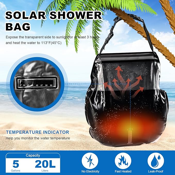 Camping Shower Bag, Solar Shower Bag 5-Gallon with Detachable Hose, Retractable Head Switch - Portable Shower for Camping Suitable for Camping, Hiking, Travel, Beach Swimming