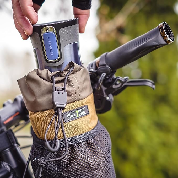 Bongo Bike Handlebar Bag - Water Resistant & Durable Fabric Bicycle Water Bottle Holder, Secure Attachment Bikepacking Stem Bag, Front Biking Storage, Bike Organizer for Cycling - Coyote