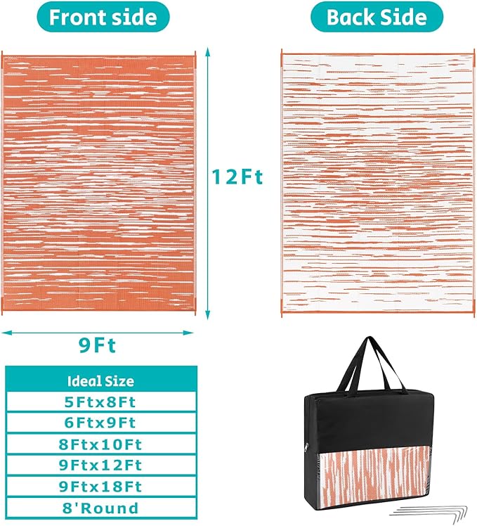 HEBE Outdoor Rug 9'x12' for Patios Clearance Waterproof Patio Mat Plastic Straw Rug Reversible RV Camping Tent Rug Outside Indoor Outdoor Area Rugs for RV,Deck,Beach,Balcony,Camper