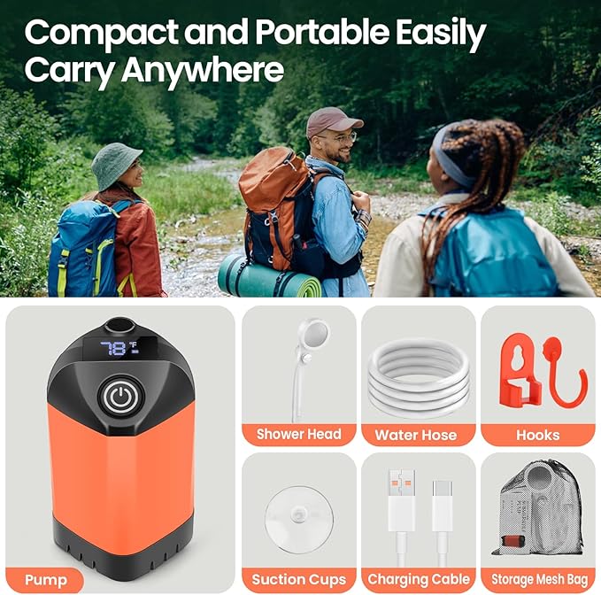Portable Camping Shower with 7800mAh Battery - 3 Spray Modes, IPX7 Waterproof & Powerful Suction for Indoor, Camping, Beach Travel, RV Life, Pet Bathing, Gardening