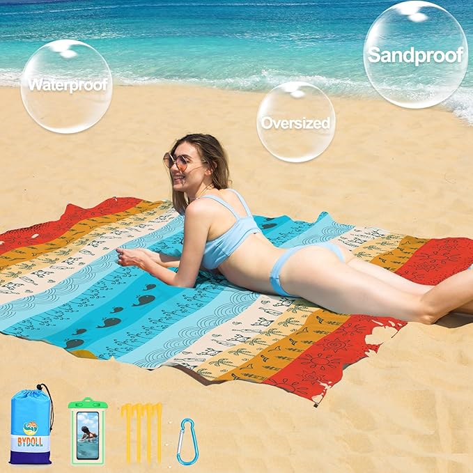 BYDOLL Beach Blanket Waterproof Sandproof 78''×81'' 1-7 Adults Oversized Lightweight Large Picnic Mat Waterproof Sandproof Blanket for Beach