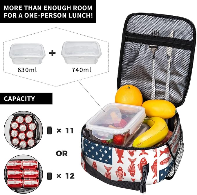 American Flag Fish Lunch Bag Insulated Reusable Lunch Box Thermal Cooler Tote For Men Women Work Travel Picnic Hiking