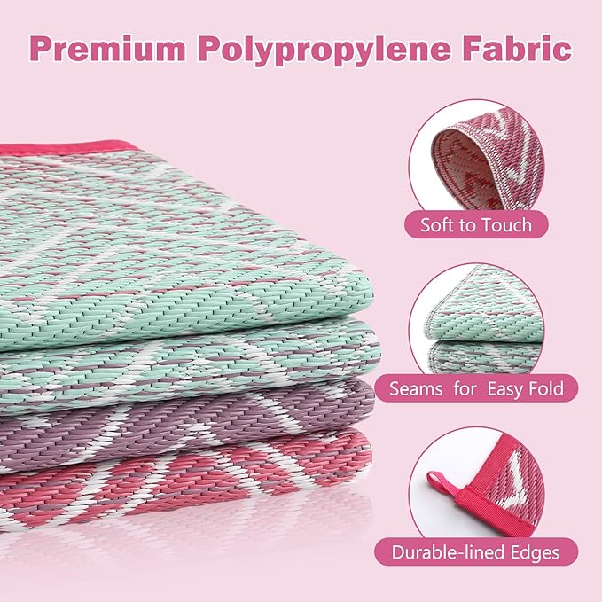 Lahome Outdoor Plastic Straw Rug, Reversible Outdoor Rug Waterproof 6x9 Patio Rugs, Camping Rugs for RV Backyard Deck Porch Picnic Beach Trailer (Pink/Green, 6' x 9')