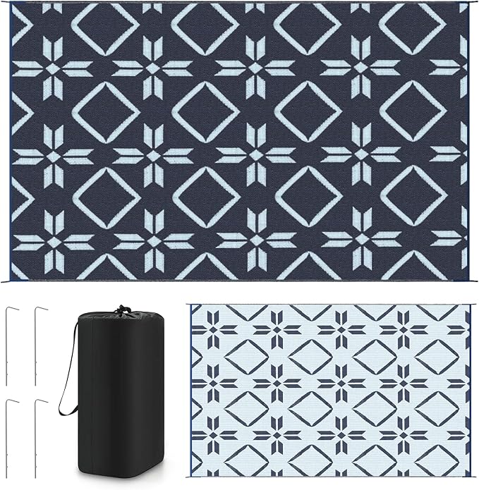 Kohree RV Outdoor Rug 9x12 Reversible, Waterproof RV Awning Rug Patio Mat with 4 Stakes & UV Resistant, Non-Slip Outdoor Camping Mat for Picnic, Backyard, Includes Carry Bag (Blue)