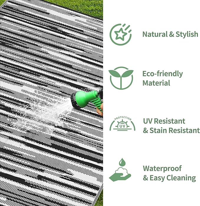 GENIMO Outdoor Rug for Patio Clearance, 9'x12' Waterproof Camping Mat, Reversible Plastic Straw Rugs for RV, Camper, Balcony, Backyard, Picnic, Deck (Black White)