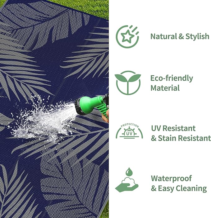 GENIMO Outdoor Rug 9' x 18' Waterproof for Patios Clearance, Reversible Outdoor Plastic Straw Camping Rug Carpet, Large Area Rugs Mats for RV, Camper, Deck, Balcony, Porch, Beach, Navy Blue&Grey