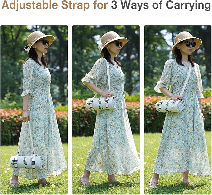 Picnic Blankets Washable | Beach Mat Sand Free Waterproof | Camping Blankets | Emergency Blankets | Picnic Baskets Accessories with Waterproof Backing and Shoulder Strap - Cactus