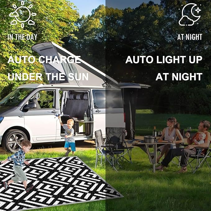 Outdoor Rug 5x8Ft, Solar Powered Outdoor Camping Rug with 80LEDs Strip Lights, Waterproof Plastic Reversible Outdoor Straw Rug Mat for RV Camping Patio Beach Balcony House Deck Picnic