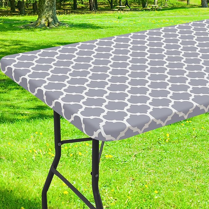 Smiry Rectangle Picnic Table Cover, Waterproof Elastic Fitted Camping Tablecloths for 6 Foot Tables, Wipeable Flannel Backed Vinyl Tablecloth Protector for Indoor, Outdoor (Grey, 30x72 Inches)