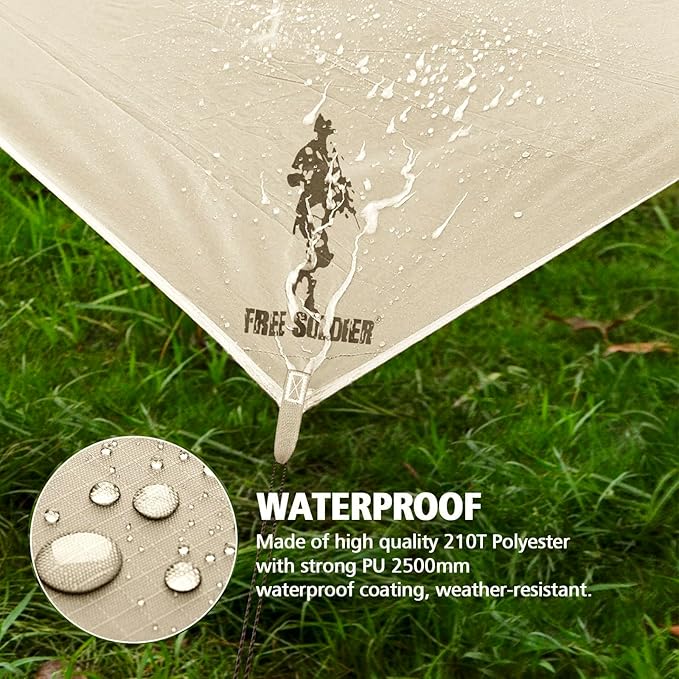 FREE SOLDIER Camping Tarp Waterproof Portable Multifunctional Outdoor Traveling Awning Backpacking Shelter Rain Tarp (Beige 10×10.5ft)