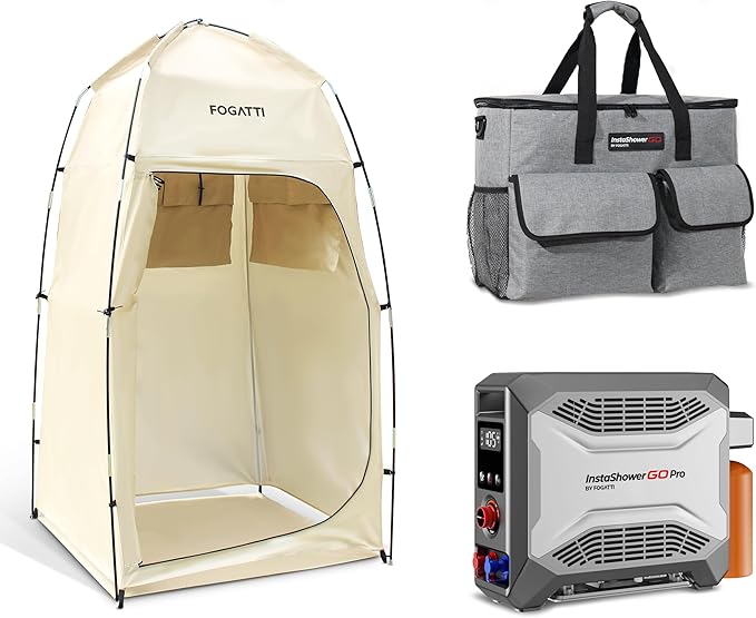 FOGATTI Camping Shower Tent with InstaShower GO Pro Portable Water Heater and Carrying Bag