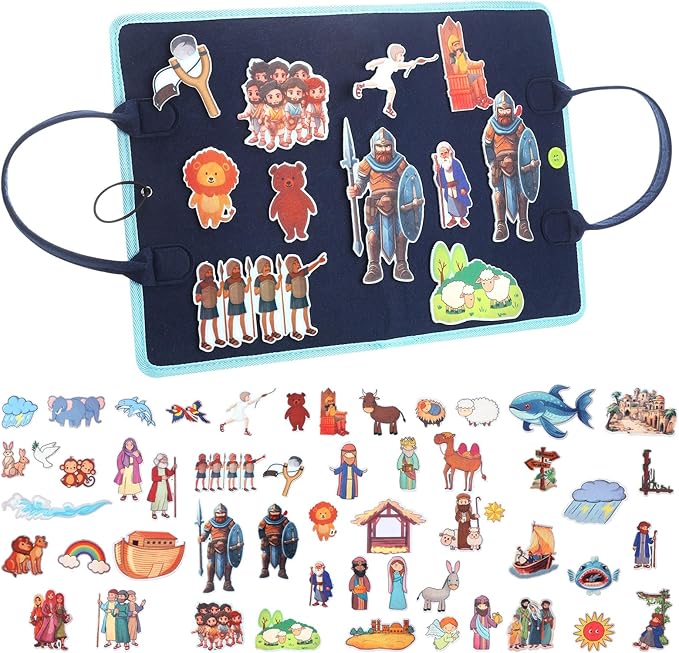 4 Pack Felt Board Bible Stories Set Flannel Board Stories Include Noah's Ark, Jonah and The Whale, David and Goliath, The Nativity of Jesus, 52 Pcs Precut Bible Felt Story Board for Kid