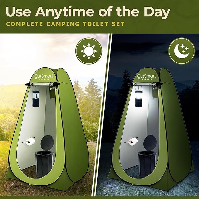 Outdoor Portable Toilet Set for Adults with Camping Night Lantern, Folding XL Toilet, Pop Up Privacy Tent and Carry Bags, Multipurpose Potty, Washable and Foldable for RV Travel