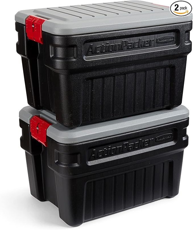 Rubbermaid ActionPacker️ 24 Gal Lockable Storage Box Pack of 2, Outdoor, Industrial, Rugged, Grey and Black