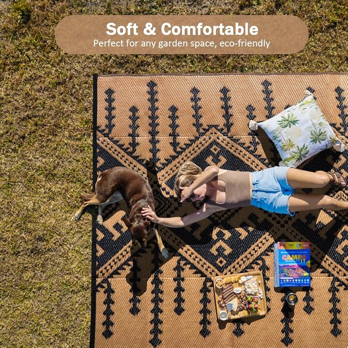 LILIOFFIC Outdoor Rugs for Patio Clearance - 5'x8' Waterproof Reversible Indoor Outdoor Rug Carpet, Portable Outdoor Plastic Straw Rug for RV Camping, Picnic, Beach, Porch, Deck, Black & Brown