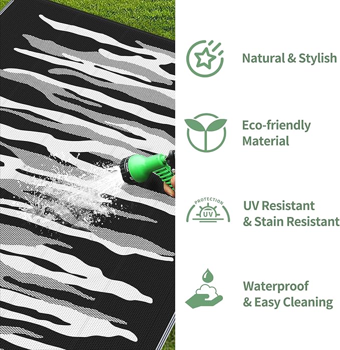 GENIMO Outdoor Rug for Patio Clearance, 6'x9' Waterproof Camping Mat, Reversible Plastic Straw Rugs for RV, Camper, Balcony, Backyard, Picnic, Deck (Black&White)