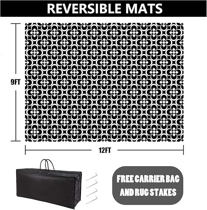 RV Outdoor Rug Waterproof Mat Outdoor Rugs 9'x12' for Patios Clearance Carpet Outdoor Camping Rugs Large Plastic Straw Rug(9x12ft Clover Black&White)