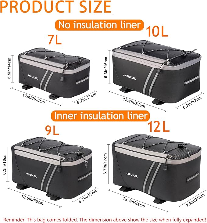 JXFUKAL Rear Bike Rack Bag with Rain Cover, 7L/9L/10L/12L Waterproof Bicycle Ebike Saddle Bag Cycling Pannier Trunk Carrier with Reflector & Adjustable Cord for Commuter Travel Outdoor