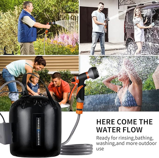 Portable Camping Shower, 5gallons/20 liters Rechargeable air Pump Outdoor Electric Camping Shower, 8 Spray Modes, Solar Heating Black PVC airbag, Built-in Thermometer, Beach, Camping, Hiking