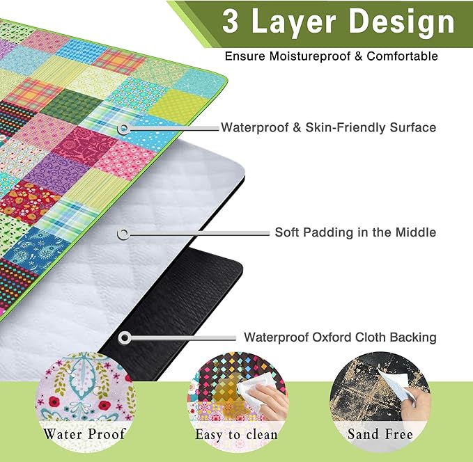Extra Large Picnic Blankets Waterproof Foldable (80"x 80") Boho Beach Blanket Waterproof Sandproof,3-Layer Thicking Mat Outdoor Packable Camping Blanket