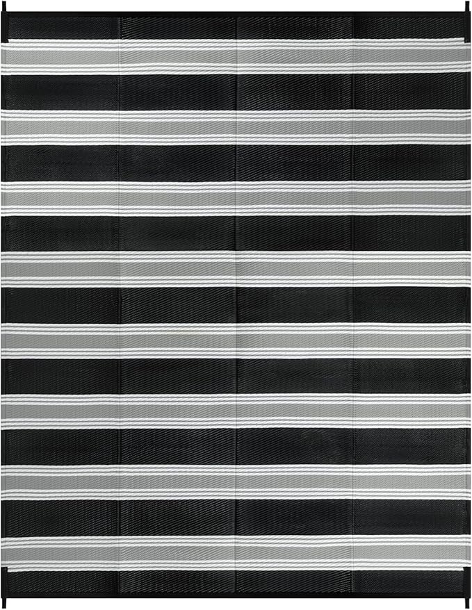 Lahome Striped Outdoor Rug 8x10 Patio Waterproof, Reversible Outdoor Plastic Straw Rug for Camping, RV Patio Rugs Outside Large Carpet for Porch Deck Backyard Picnic(Black/Grey,8'x 10')