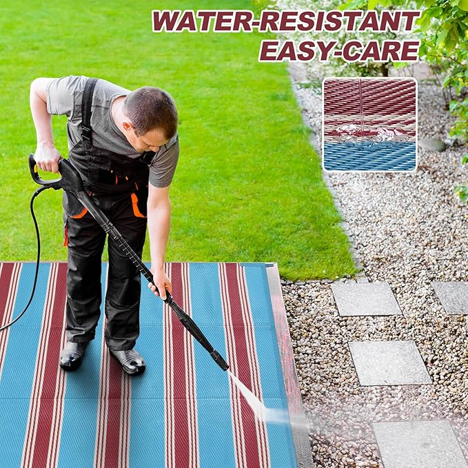 Lahome Striped Outdoor Rug Waterproof, 6x9 Reversible Outdoor Plastic Straw Rug for Camping, RV Patio Rugs Large Carpet for Porch Deck Backyard Balcony Picnic(Blue/Red,6'x 9')