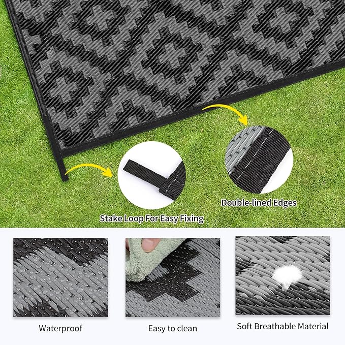 Outdoor Patio Plastic Straw Rug - 4'x6' Outdoor Camping Rug Waterproof Reversible, Area Carpet Patios Clearance RV, Outside Porch Balcony Deck for Camper, Black & Grey