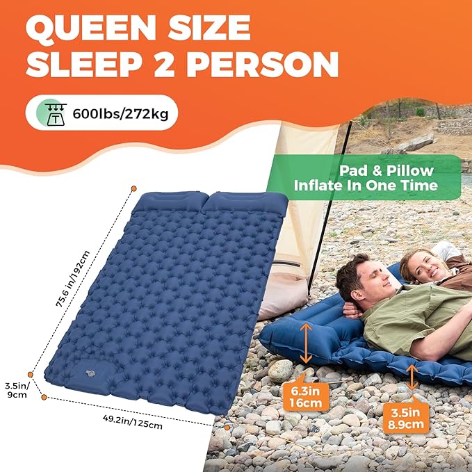 KingCamp Sleeping Pad for Camping, Inflatable Sleeping Pad Ultralight Connectable Camping Mattress with Pillow Built-in Foot Pump for Backpacking Hiking Tent Cot