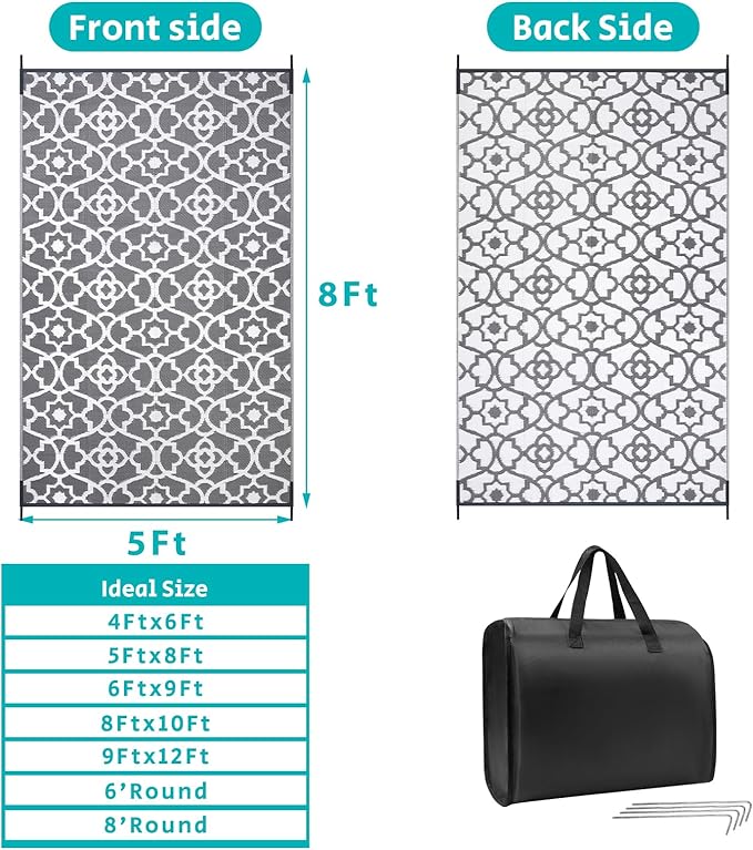 HEBE Outdoor Rug 5'x8' for Patios Waterproof Clearance Reversible Patio Mat Plastic Straw Rug RV Camping Mat Outside Area Rug Carpet for Camping RV,Porch,Deck,Balcony,Camper,Backyard