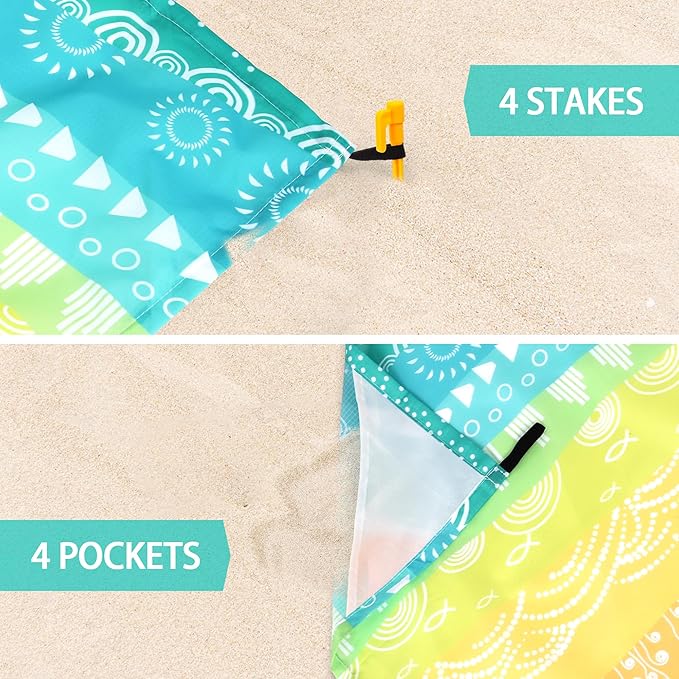 Beach Blanket Waterproof Sandproof, Large Lightweight Quick Dry Beach Mat with Storage Bag & Stakes, Portable Sand Free Picnic Blanket with Corner Pockets, Beach Vacation Essentials for Family, Friend