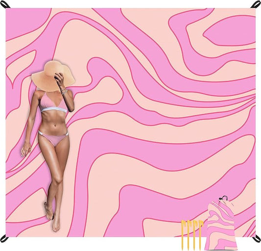 Pink Beach Blanket Waterproof Sandproof, Outdoor Beach Mat Sand Free with 4 Stakes & 4 Pockets, 9 Ft X 10 Ft Oversized Lightweight Compact Polyester Beach Essentials for Picnic, Camping, Sun Shade