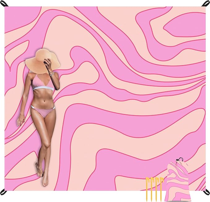 Beach Blanket Sandproof Waterproof, 78''×86'' Large Pink Picnic Blanket with 4 Stakes for 2-4 Adults, Lightweight Foldable Compact Sand Free Outdoor Mat with Portable Bag for Camping, Hiking, Travel