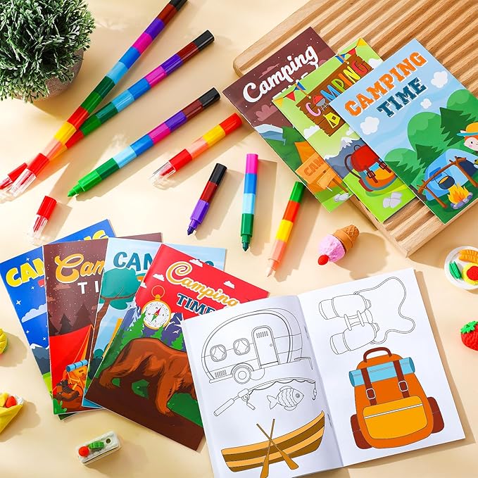 Pasimy 48 Pcs Camping Party Favors Coloring Books with Stackable Crayons Coloring Pages Drawing Booklet Party Supplies for DIY Art Painting Games Goodie Bag Fillers