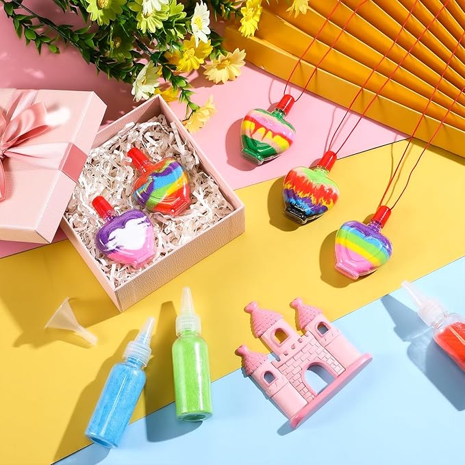 Bokon 37 Pcs Valentine Sand Art Bottle Necklace Kits Include 20 Pcs Plastic Sand Art Bottle Necklaces, 12 Pcs 12 Colored Art Sand, 5 Mini Plastic Funnels for Class heart Sand Art Containers Art Crafts