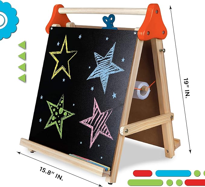 Discovery Kids 3-in-1 Tabletop Dry Erase Chalkboard Painting Art Easel, Includes Paper Roll and Oversized Clip, 17 x 15 Inch Wood Frame, Perfect for Children 3+ | Foldable/Portable for Countertop Play