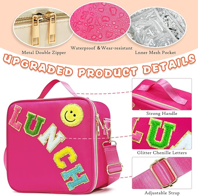 Insulated Lunch Bag Women Lunch Box Kids for Teen Girls Boys, Cute Preppy Lunch Boxes With Adjustable Shoulder Strap, Waterproof Nylon Lunchbox Lunch Bags for School Work Picnic (Wine)