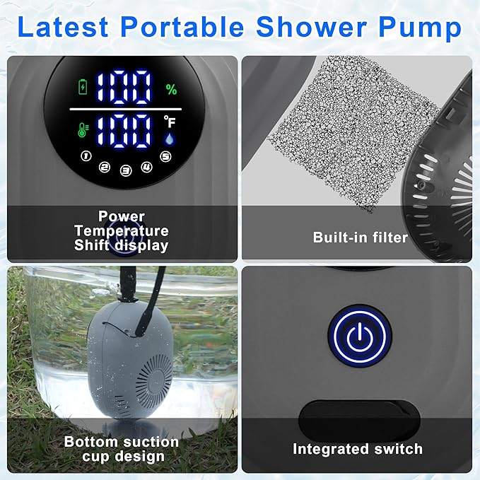 Lightweight Portable Camping Shower, 6000mAh Rechargeable Outdoor Shower Pump with 5 Pressure Modes, Filtered Shower Head, Temperature & Power Display for Hiking, Travel, Washing, Emergency