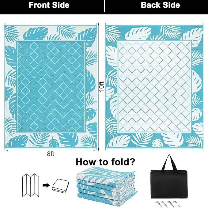 Ileading Outdoor Rug Carpet for Patio 8' x10' Waterproof Reversible Plastic Straw Rug Portable Outside Area Rug Camping Mat for Patio, Clearance, Balcony, Picnic, Pool, Beach, RV, Deck, Teal