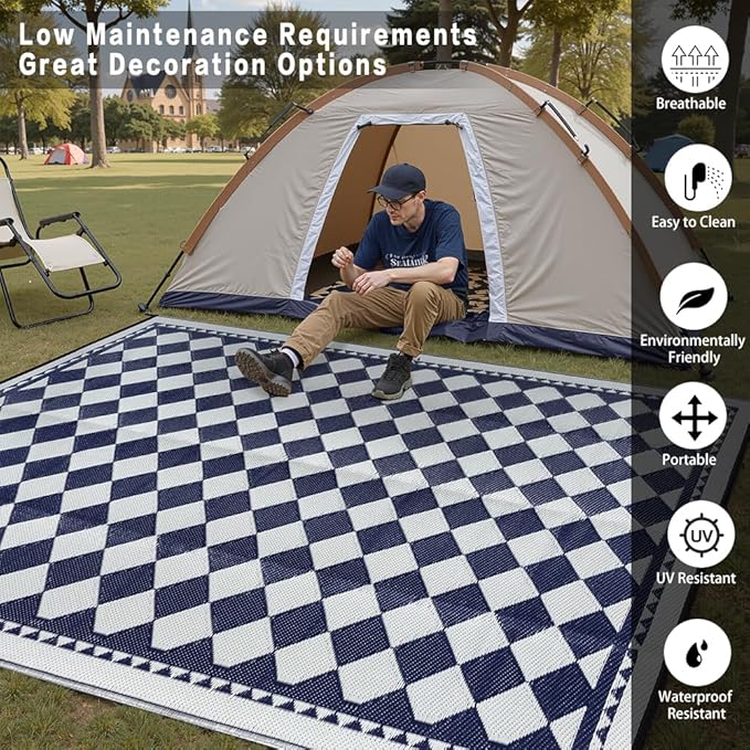 Outdoor Waterproof Rug 6'x9' Plastic Straw Rugs Washable Reversible Floor Mat Blue Plaid Carpet for Camping RV Deck Entryance Porch Picnic Balcony Beach Backyard