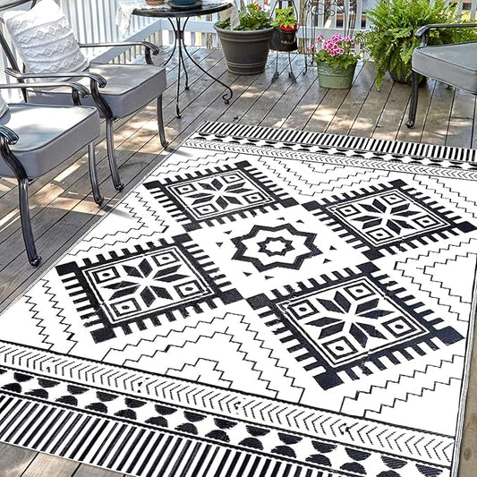 Waterproof Outdoor Rug 5x8ft, Boho Reversible Plastic Straw Mat for Patio RV Deck Porch Backyard Balcony Camping Picnic Beach Indoor Outdoor Carpet, Black&White