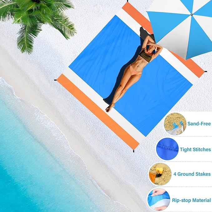 BYDOLL Beach Blanket Waterproof Sandproof 78''×81'' 1-7 Adults Oversized Lightweight Large Picnic Mat Waterproof Sandproof Blanket for Beach