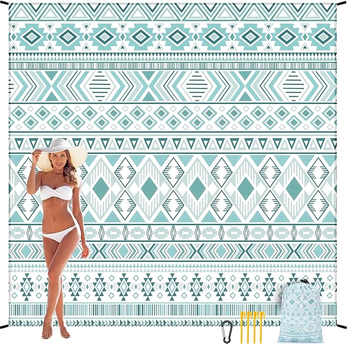 Beach Blanket, Sandproof Beach Mat, Waterproof Quick Drying Lightweight Outdoor Aztec Picnic Mat 79" X 83" for 2-4 Adults with Pocket for Travel, Camping, Hiking