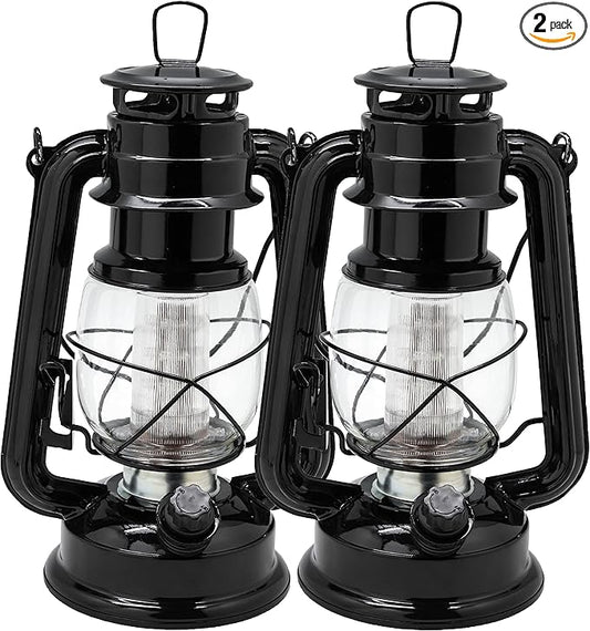 YAKii LED Vintage Lantern Metal Hanging Hurricane Lantern 12 LED Dimmer Switch Warm White Battery Operated Power Outage Indoor Camping Lighting Outdoor Brooklyn (Black 2 Pack)