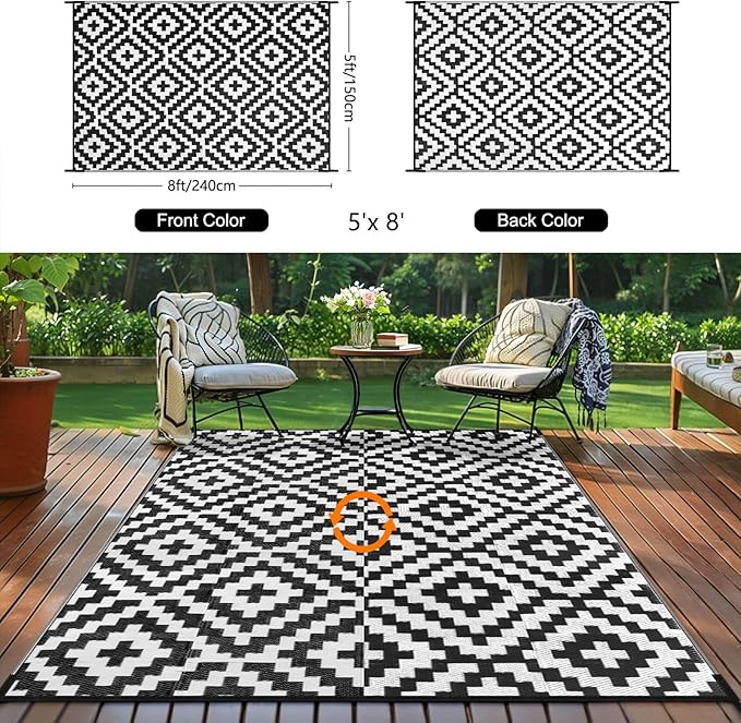 Outdoor Patio Plastic Straw Rug - 5'x8' Outdoor Camping Rug Waterproof Reversible, Area Carpet Patios Clearance RV, Outside Porch Balcony Deck for Camper, Black & White